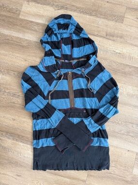 Free People Blue & Black Striped Half-Zip Lightweight Hoodie